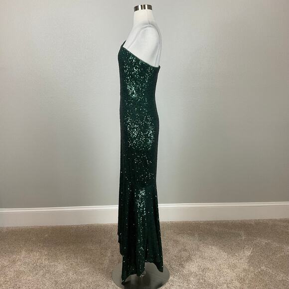 Green Sequined One Shoulder Cocktail Dress Size 8 High Low Midi Sheath by AQUA - Picture 5 of 14